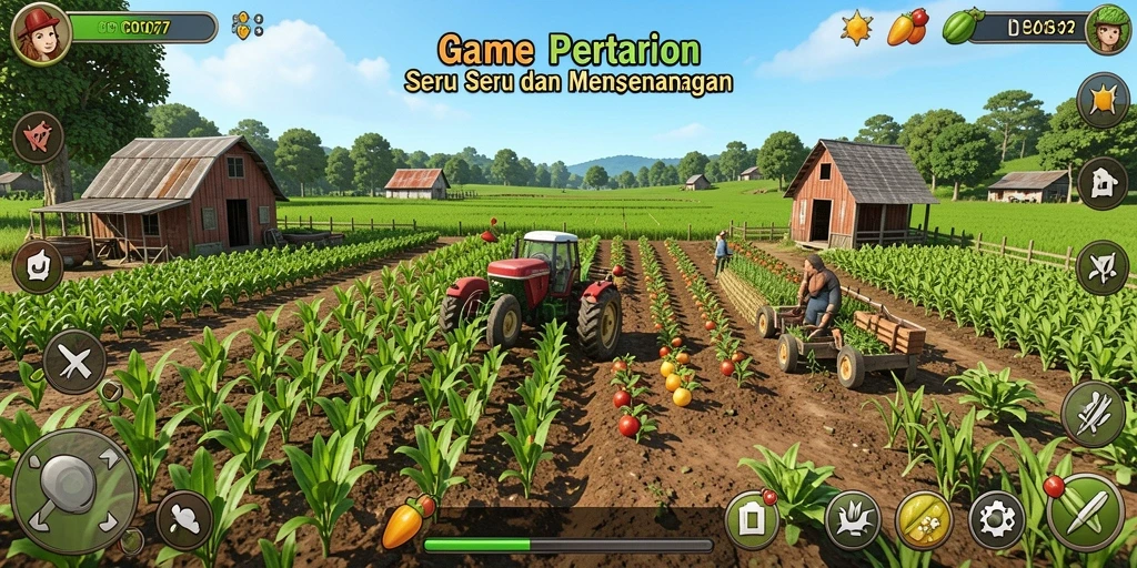 Screenshot COO77 menunjukkan pemain merawat kebun pertanian yang indah.