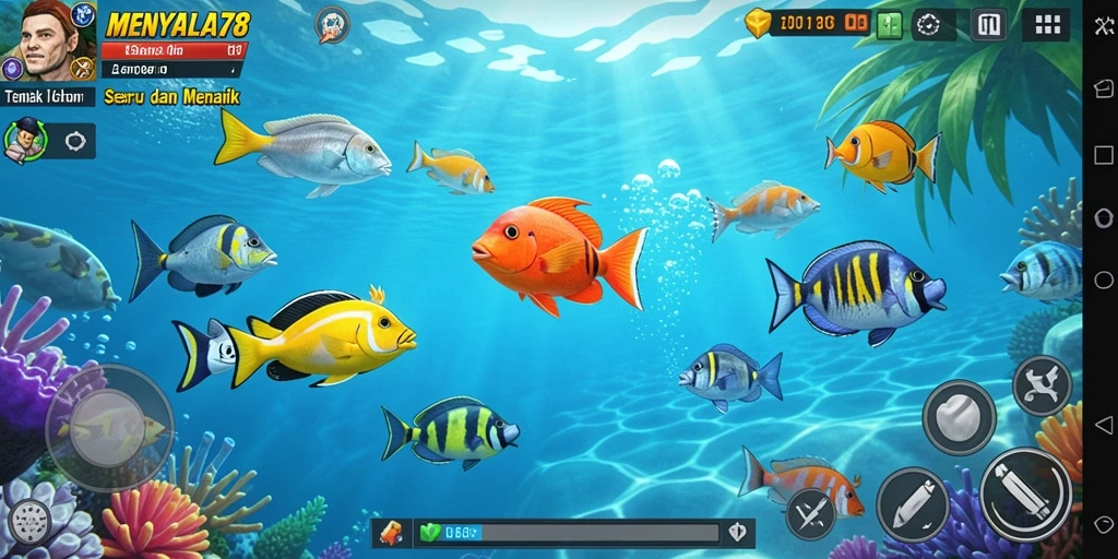 Gameplay seru dari MENYALA78 dengan beragam ikan untuk ditembak.