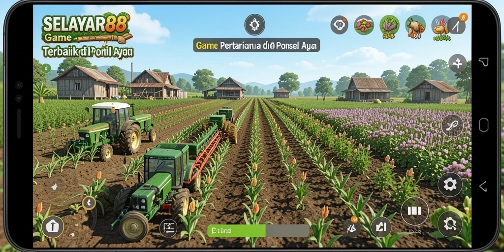 Tampilan gameplay di ladang dengan berbagai tanaman.