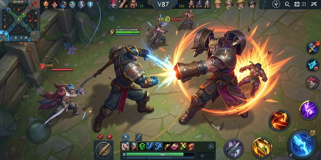 Screenshot V87 menampilkan aksi seru dalam pertarungan tim MOBA.